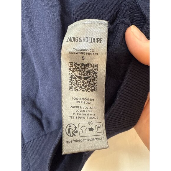 Zandig & Voltaire Cotton Cashmere Blend Crew Neck Lightweight‎ Navy Sweatshirt S - Picture 7 of 8